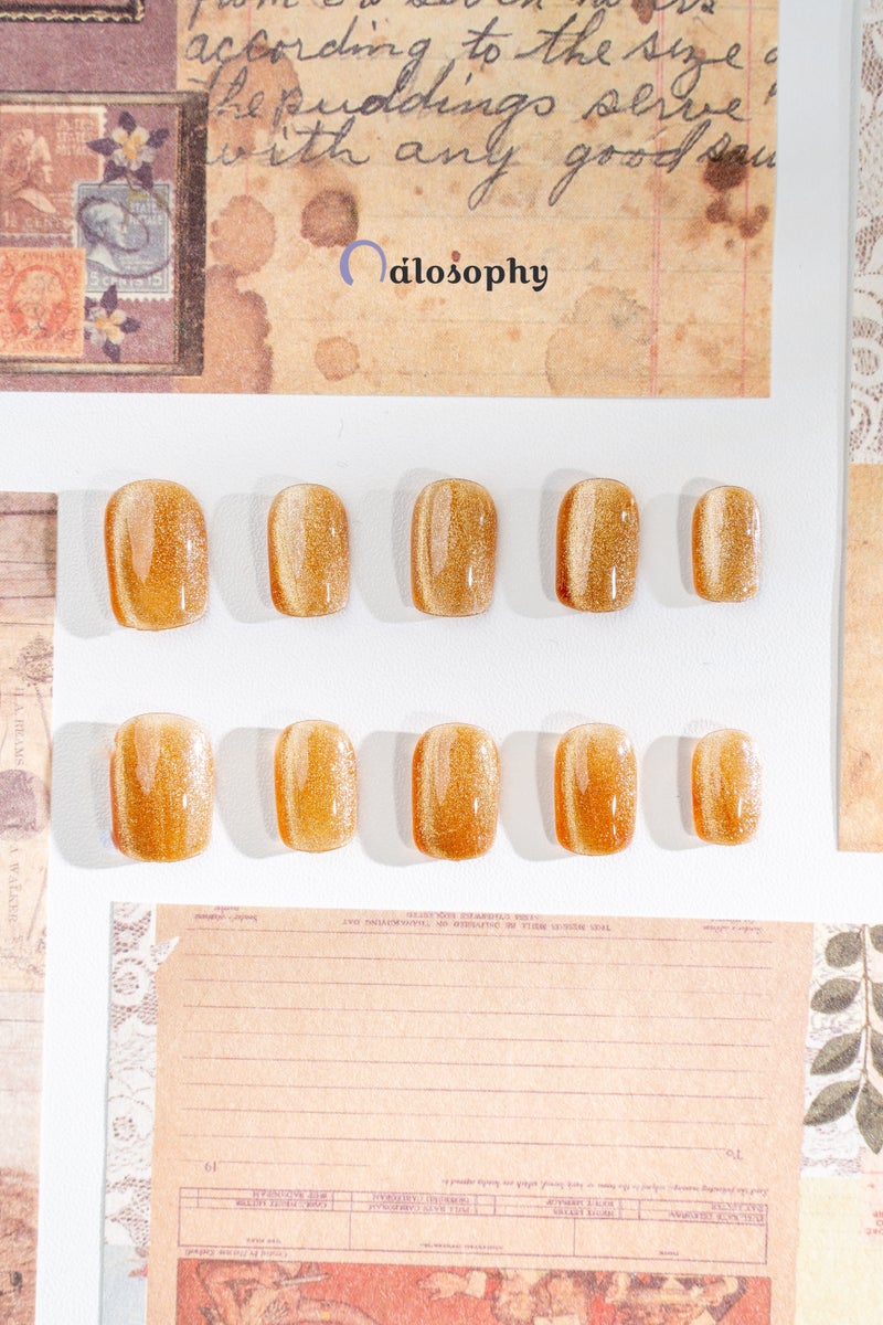 Nailosophy أظافر مضغوطة فاخرة مصنوعة يدويًا بساعة الذهب عين القط العنبري | شكل مربع - Image 2